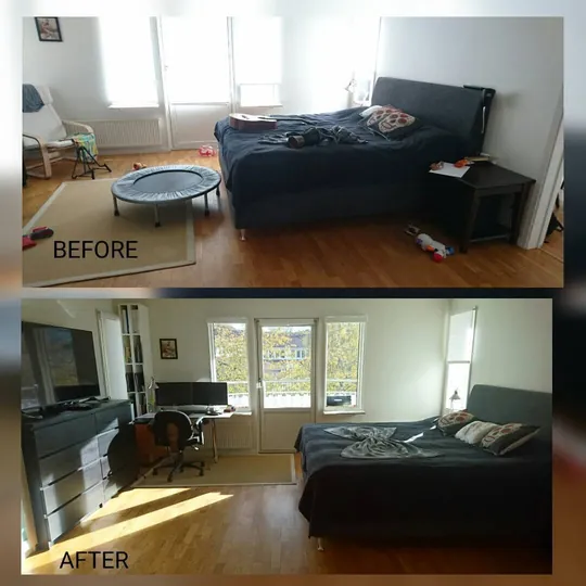 Före och efter: sovrum med säng och skrivbord